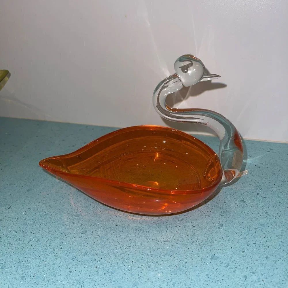 Art Glass MCM Orange Clear Glass Swan Ashtray - Picture 2 of 10